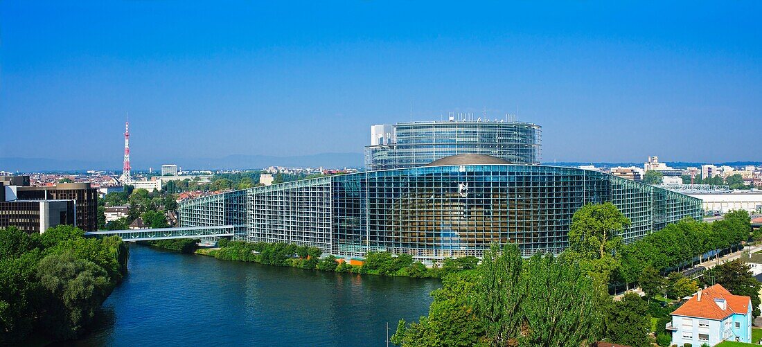 Louise Weiss building, European Parliament and Ill river, Strasbourg, Alsace, France