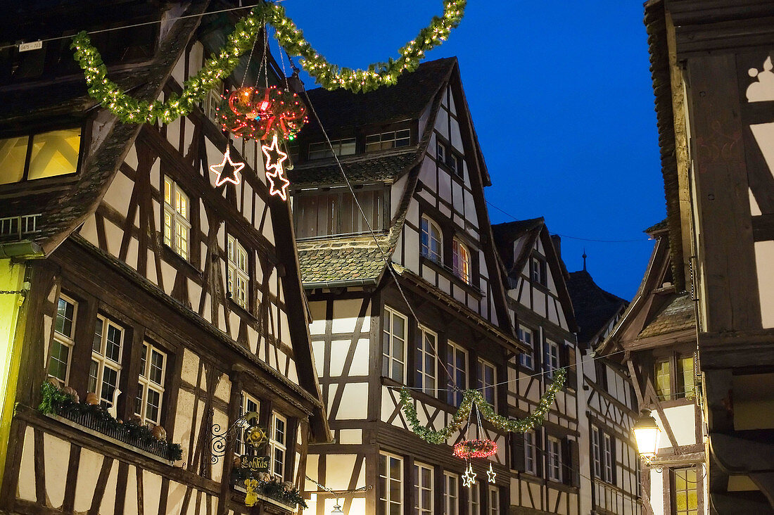 Half-timbered houses, La Petite France district at night, Christmas time, Strasbourg, Alsace, France