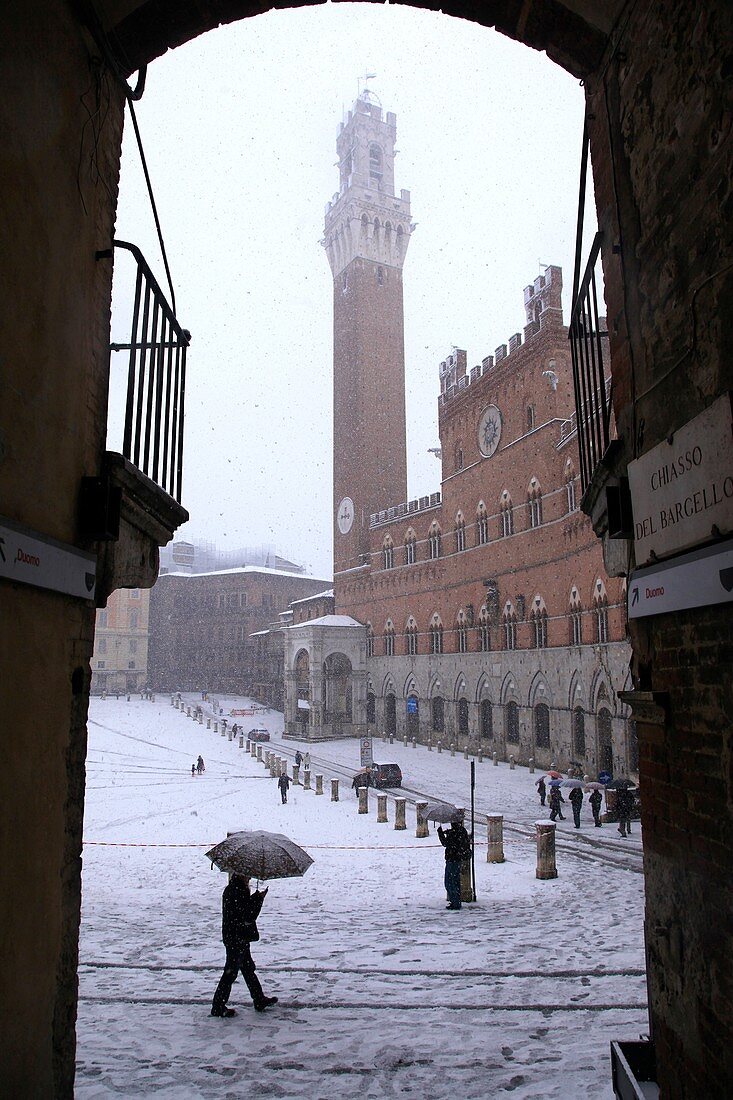 Italy, Tuscany, Siena, snow, Campo square, Public palace
