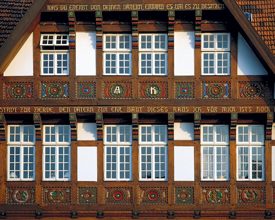 Germany, Osnabrueck, Hase, Hase valley, Osnabruecker Land, Teutoburg Forest, Wiehengebirge, Lower Saxony, half-timbered house in the Dielingerstrasse, wood carving. Germany, Osnabrueck, Hase, Hase valley, Osnabruecker Land, Teutoburg Forest, Wiehengebirge