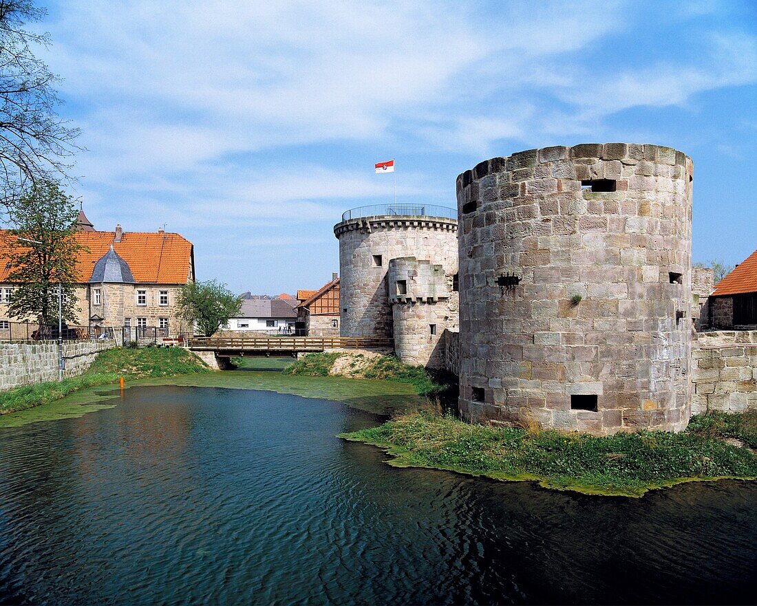 Germany, Friedewald Hessen, Herfabach, Seulingswald, Fulda-Werra-Bergland, Hessisches Bergland, Hessian mountainous country, Rhoen, Vordere Rhoen, Kuppenrhoen, Hesse, moated castle, castle ruin, castle moat, ditch. Germany, Friedewald Hessen, Herfabach, S