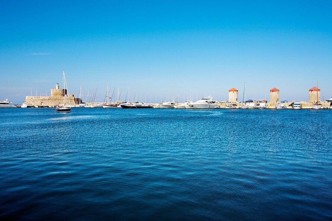 Windmills  Mandraki Port, Rhodes city, Rhodes island, Dodecanese, Greek Islands, Greece, Europe