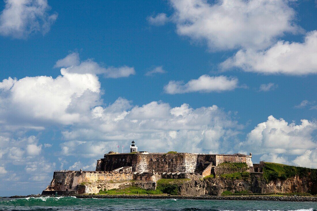 Puerto Rico, San Juan, Old San Juan, El Morro Fortress viewed from Isla de Cabras.