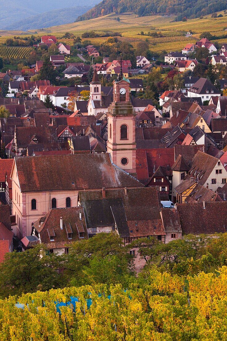 France, Haut-Rhin, Alsace Region, Alasatian Wine Route, Riquewihr, town view, dawn, autumn