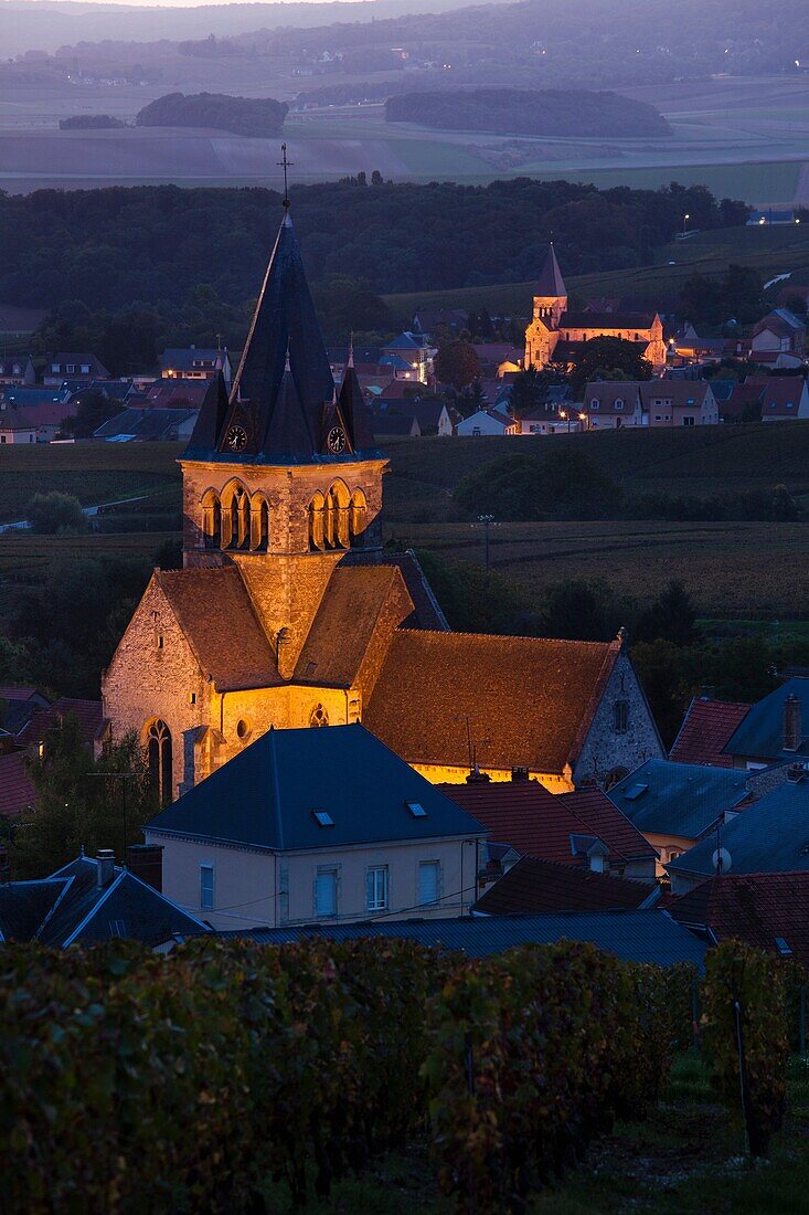 France, Marne, Champagne Ardenne, Ville Dommange, town and church overview looking towards Sacy, dawn