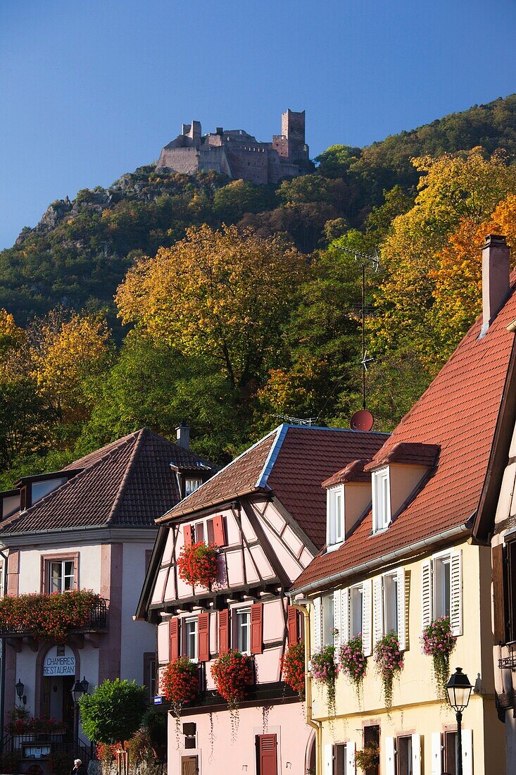 France, Haut-Rhin, Alsace Region, Alasatian Wine Route, Ribeauville, town buildings and castle ruins