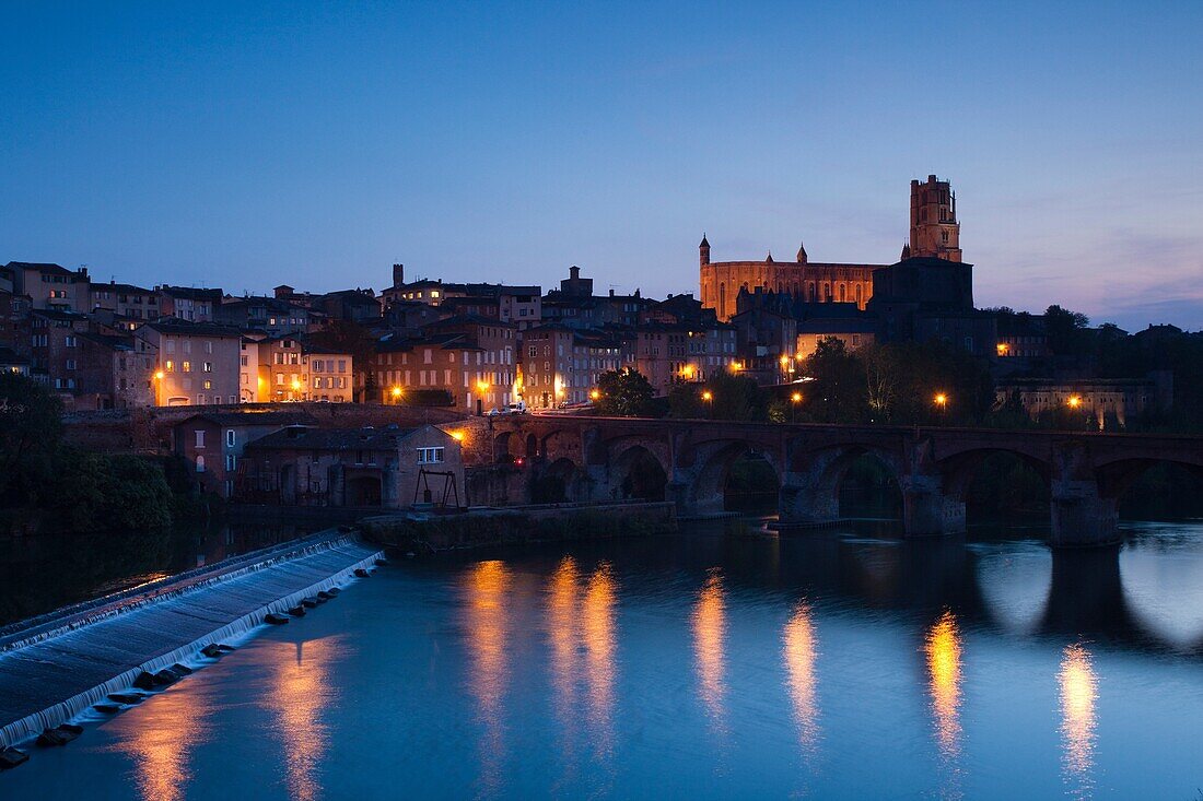 France, Midi-Pyrenees Region, Tarn Department, Albi, town view with the Cathedrale Ste-Cecile, evening