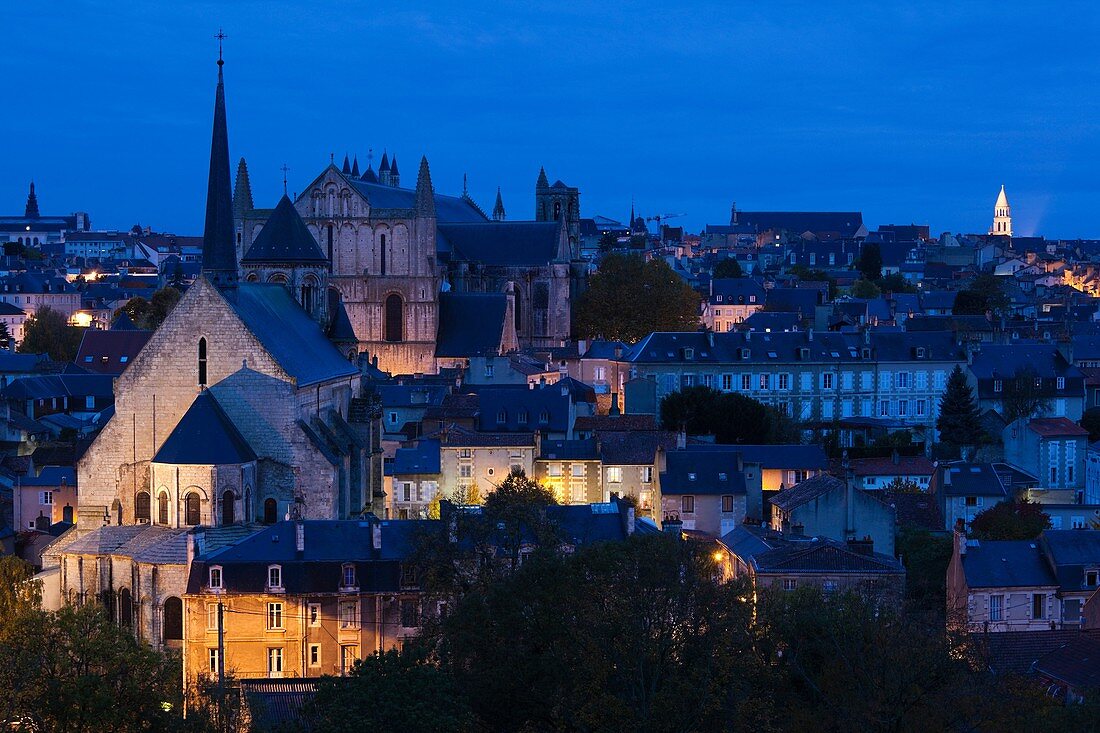 France, Poitou-Charentes Region, Vienne Department, Poitiers, elevated view of town and Cathedrale St-Pierre, dawn