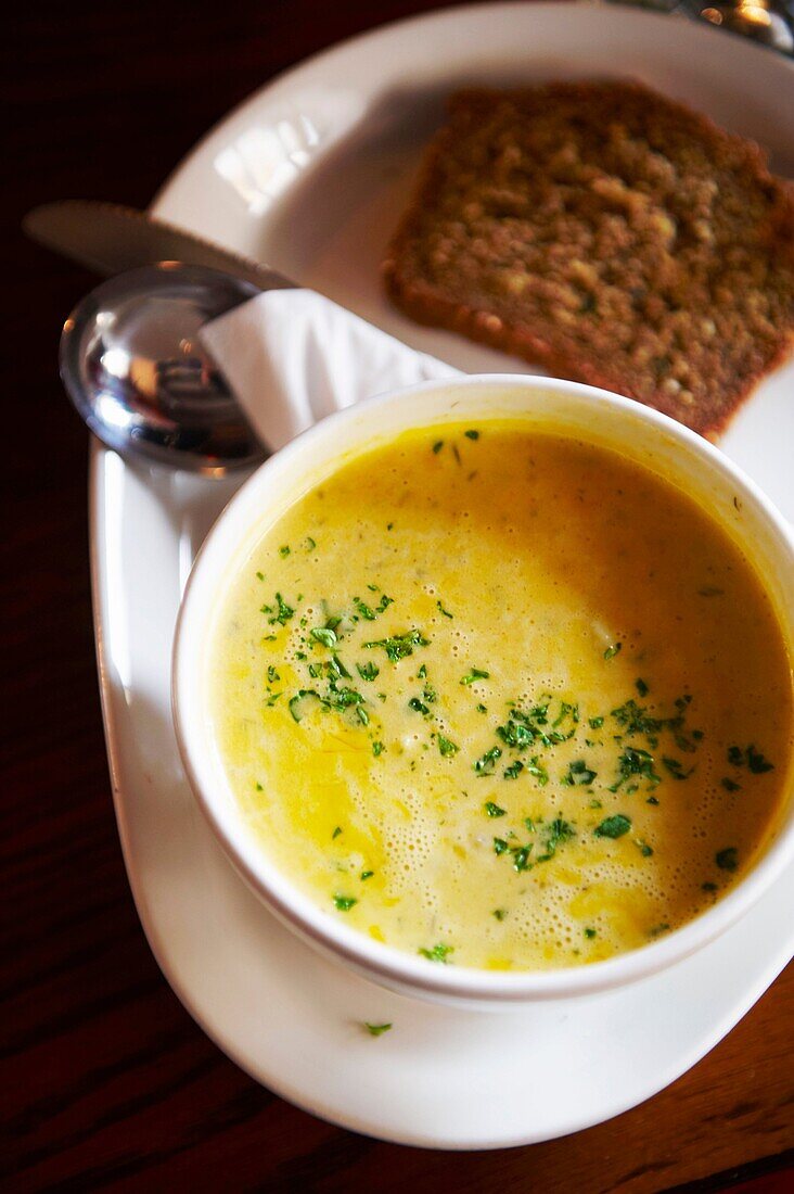 Seafood chowder with parsy and soda bread at An Sugan B&B and restaurant, Clonakilty, Co. Cork, Ireland