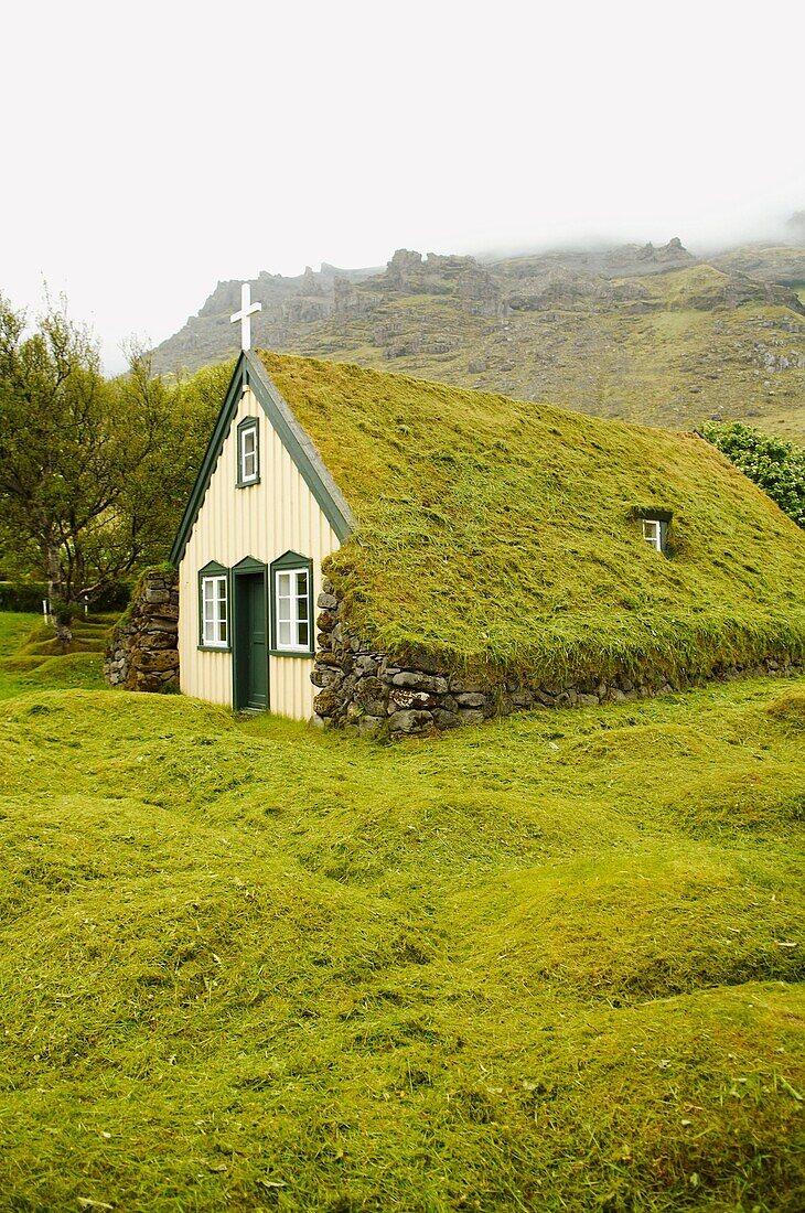 Iceland, Litla-Hof, little village, one of the last traditional churches.