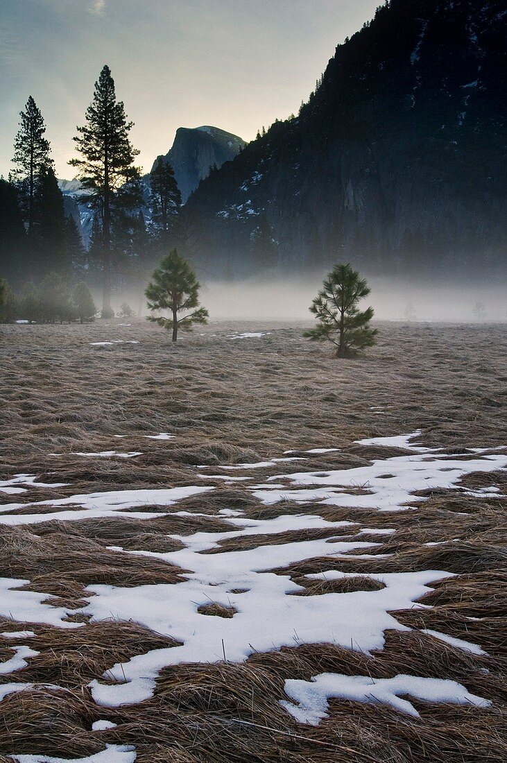Spring sunrise light behind Half Dome, Yosemite Valley, Yosemite National Park, California