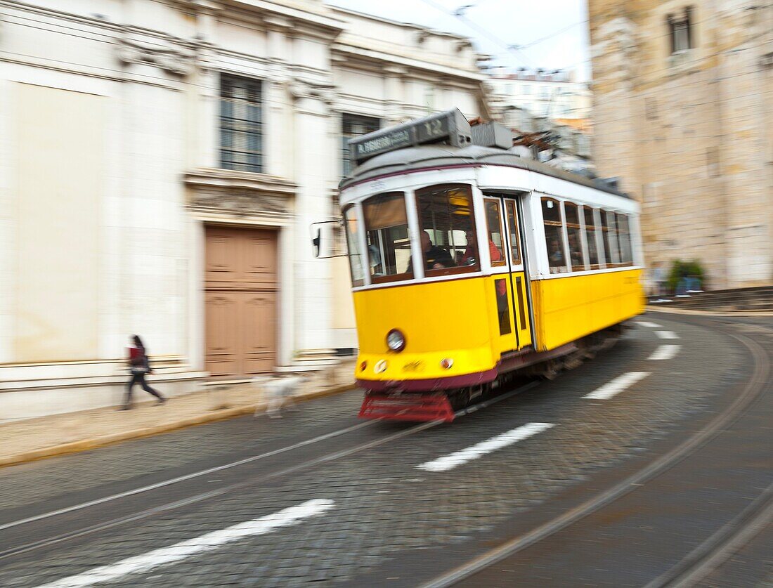 Tram on Rua de Sao Antonio da Sé, Alfama district, Lisbon, Portugal, Iberian Peninsula, Europe