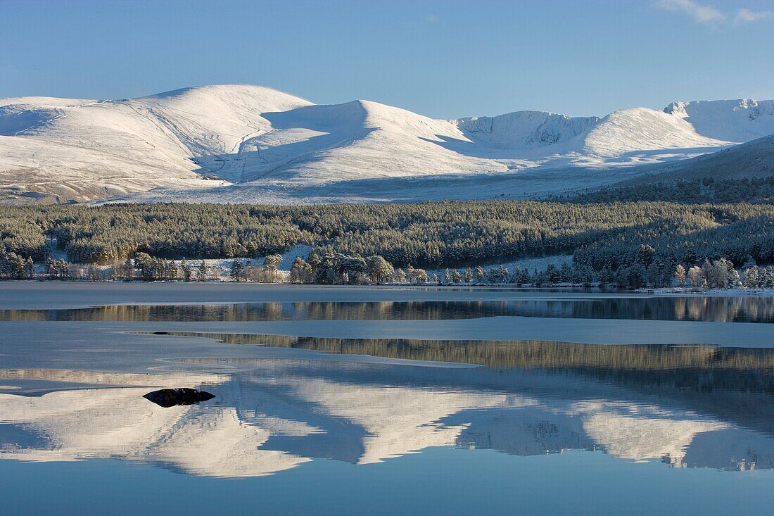 Loch Morlich and Cairngorm Mountains in winter, Cairngorms National Park, Scotland, January 2007