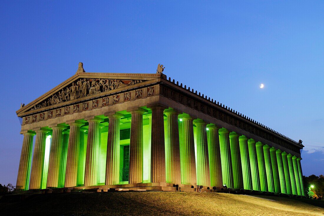 Tennessee, Nashville, Centennial Park, Parthenon, 1897, historic building, museum, Greek, Athena, classical architecture, full-scale replica, re-creation, column, pediment, dusk, lit-up, moon
