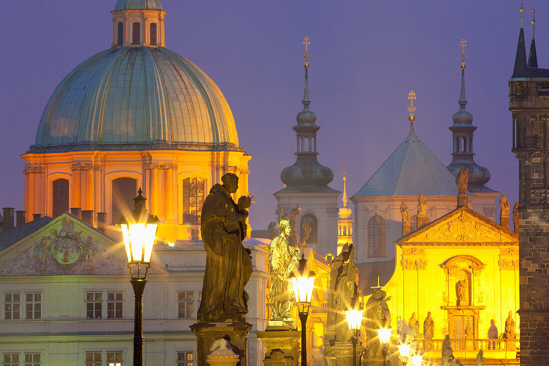 architecture, art, bridge, Charles bridge, cities, city, cityscape, colour, Czech Republic, dusk, Europe, exterior, lamp, lantern, light, old, outdoor, outdoors, outside, Prague, praha, stare mesto, statue, tower, spire, urban landscape, world travel. arc