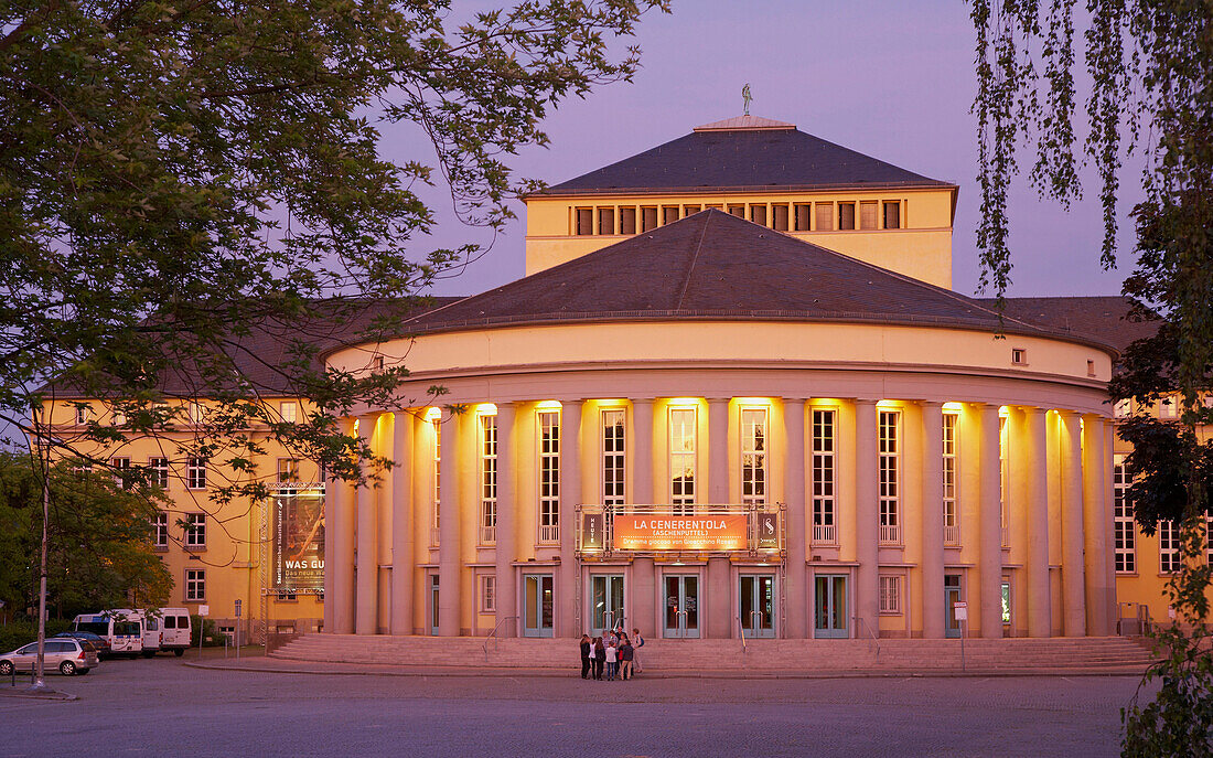 Illuminated theatre in the evening, Staatstheater, Saarbruecken, Saarland, Germany, Europe