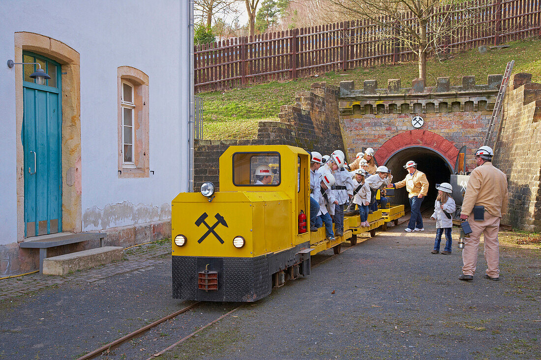 People in front of the Rischbachstollen, former mine that's open to the public, St. Ingbert, Saarland, Germany, Europe