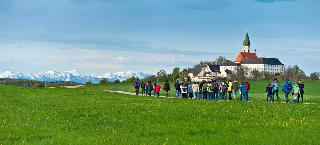 Group of pilgrims near Andechs Abbey, Upper Bavaria, Germany