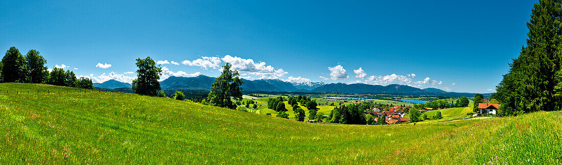 View to lake Riegsee and Murnau, Wetterstein mountain range, Upper Bavaria, Germany