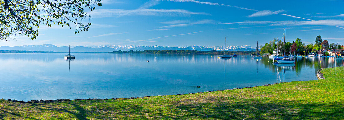 Blick über den Starnberger See auf schneebedeckte Alpen, Tutzing, Oberbayern, Bayern, Deutschland