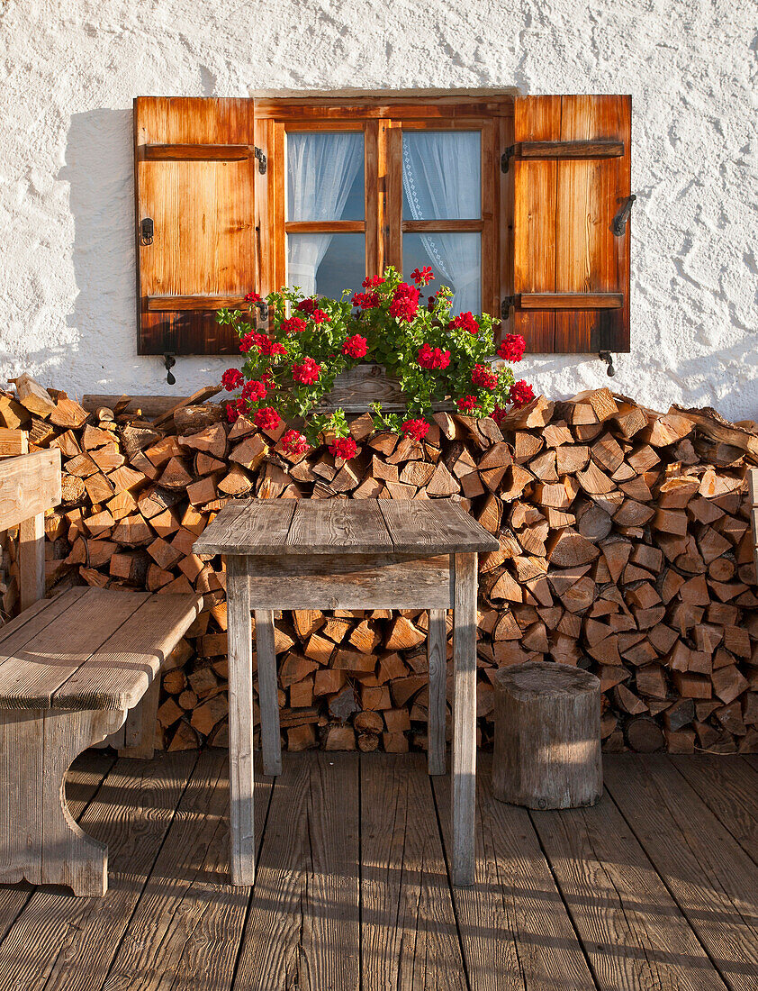 Bench and table, Hofbauern-Alm, Kampenwand, Chiemgau, Upper Bavaria, Germany