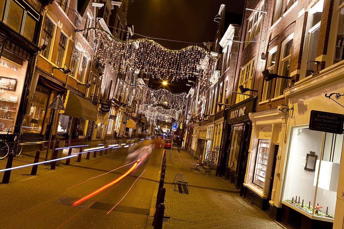 Nieuwe Spiegelstraat decorated at Christmas time with Christmas lights, Amsterdam, Netherlands