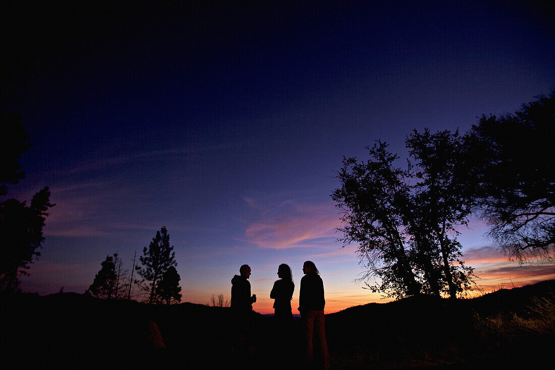 Drei junge Menschen stehen zusammen und genießen den Sonnenuntergang, Yosemite National Park, Kalifornien, USA