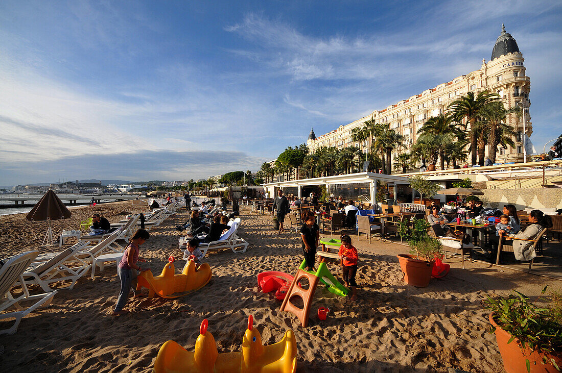 Beach at Carlton hotel at the Croisette, Cannes, Cote d'Azur, South France, Europe