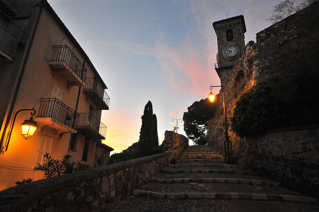 Stairs at the castel above the old town in the evening, Cannes, Cote d'Azur, South France, Europe