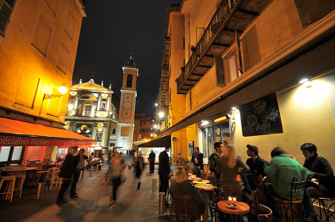 Place Rosetti, people in restaurants at the old town in the evening, Nice, Cote d'Azur, South France, Europe
