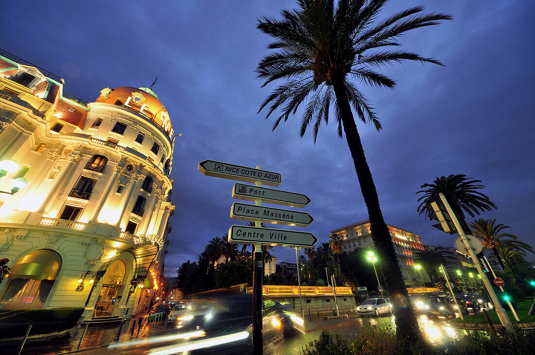 The illuminated Negresco hotel in the evening, Nice, Cote d'Azur, South France, South France, Europe