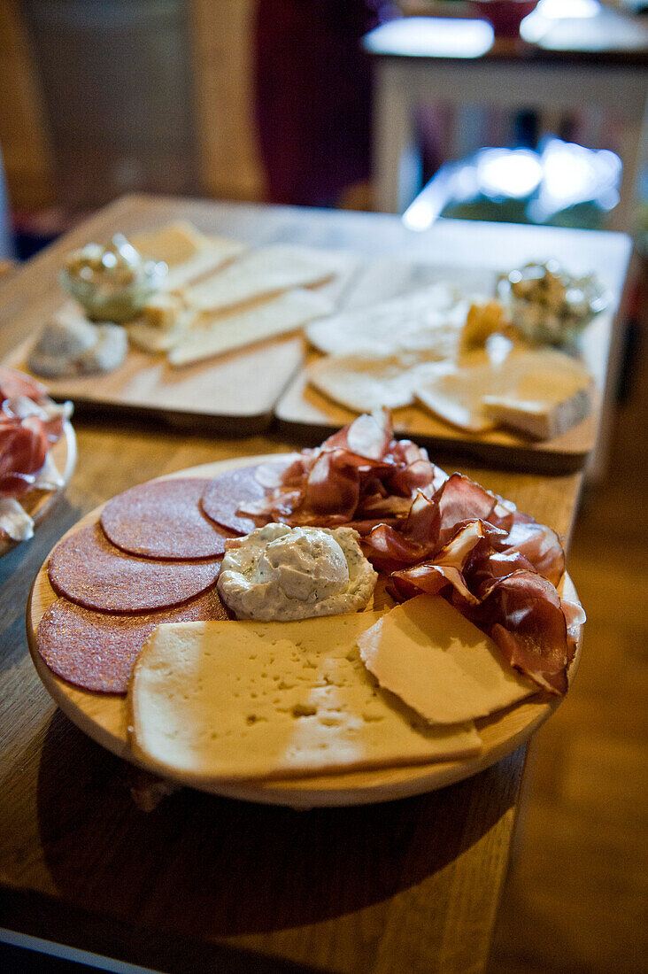 Cheese and ham platter, snack, Poysdorf, Mistelbach, Lower Austria, Austria