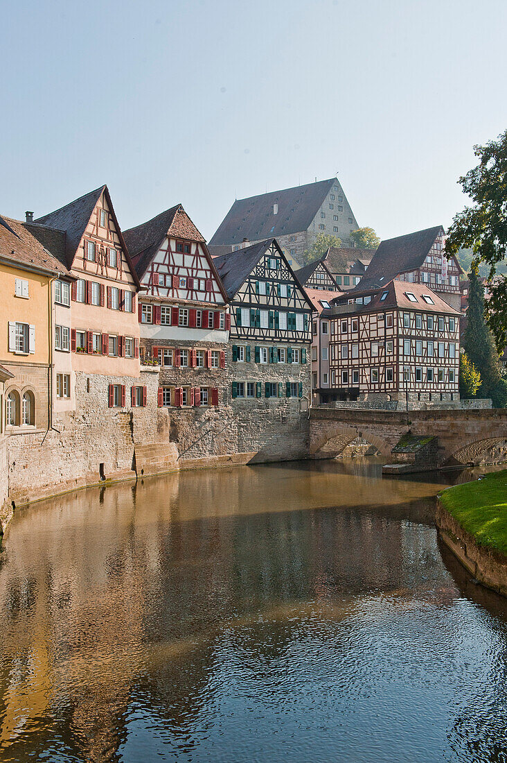 Old town of Schwaebisch Hall, houses next to the river Kocher, Baden Wuerttemberg, Germany