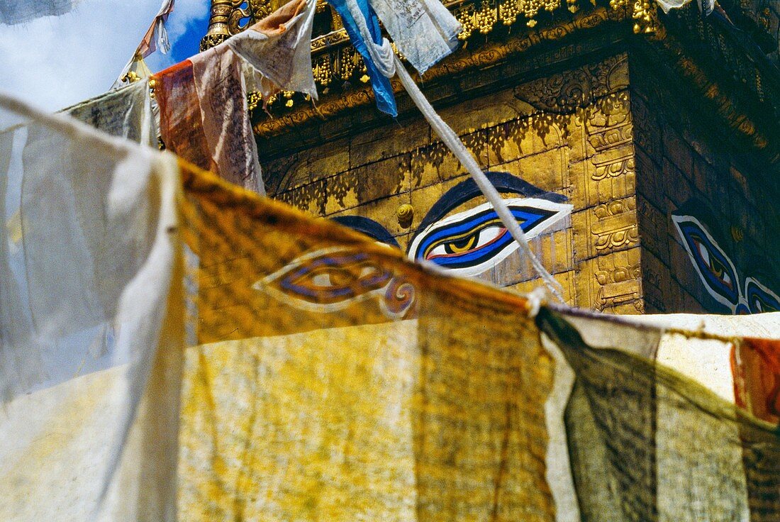 Detail Budas eyes of Stupa Buddhist stupa of Swayambhunath  Kathmandu  Nepal