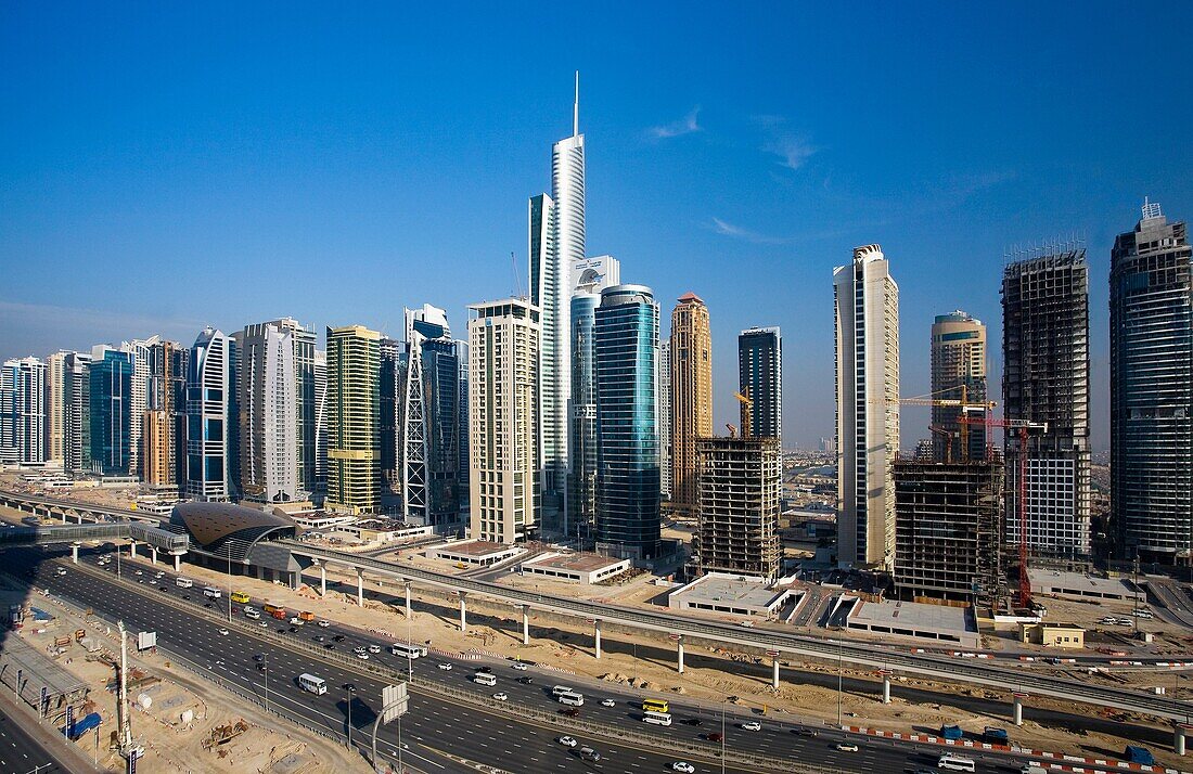 United Arab Emirates January-2010 Dubai City Dubai Marina Sheikh Zayed Rd  and Almas Tower.