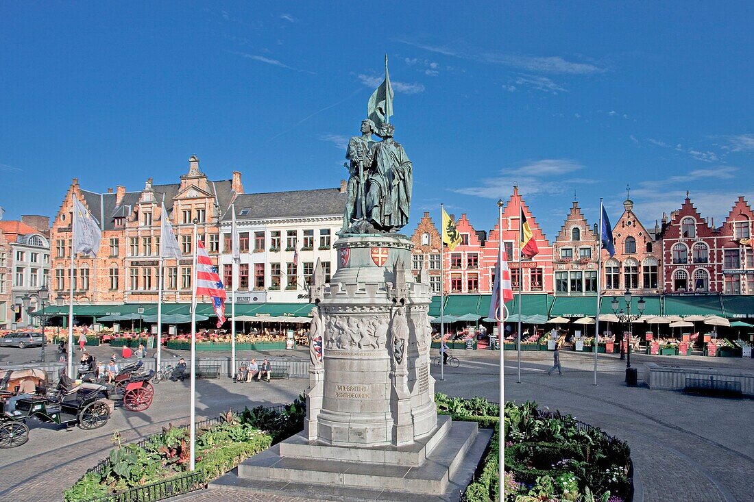 Belgium-August 2010 Brugge City Markt square Jan Breidel Monument.