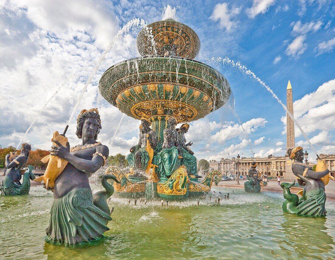 France-August 2010 Paris City Concord Square Mermaid Fountain.