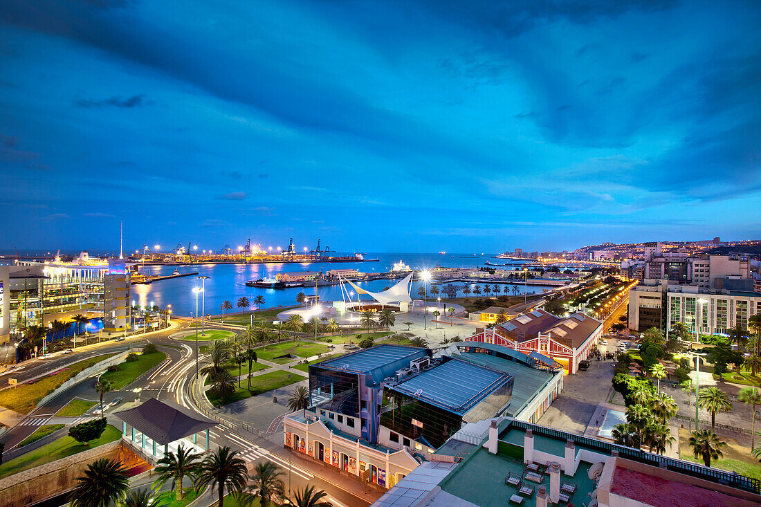 View from an Hotel onto the town of Las Palmas in the evening, Gran Canaria, Canary Islands, Spain, Europe