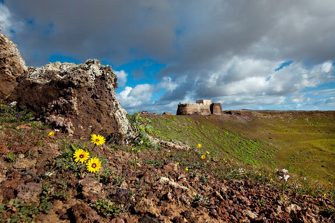 Castillo de Santa Barbara under clouded sky, Teguise, Lanzarote, Canary Islands, Spain, Europe