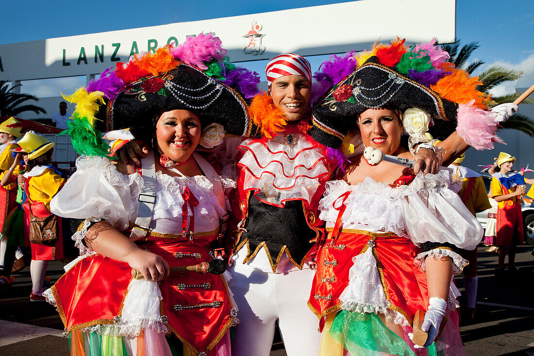 Disguised people at carnival procession, Arrecife, Lanzarote, Canary Islands, Spain, Europe