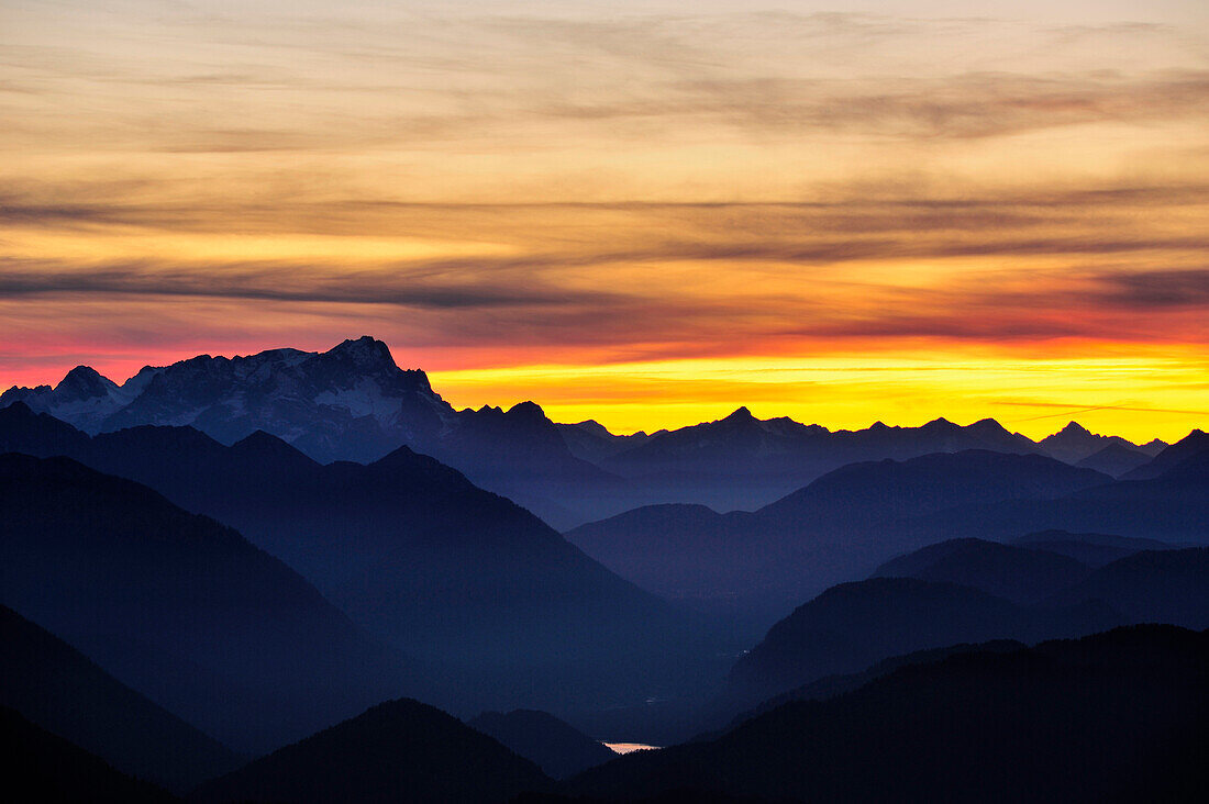 Sunset above the Bavarian Foothills with view to Zugspitze, Risserkogel, Bavarian Foothills, Upper Bavaria, Bavaria, Germany