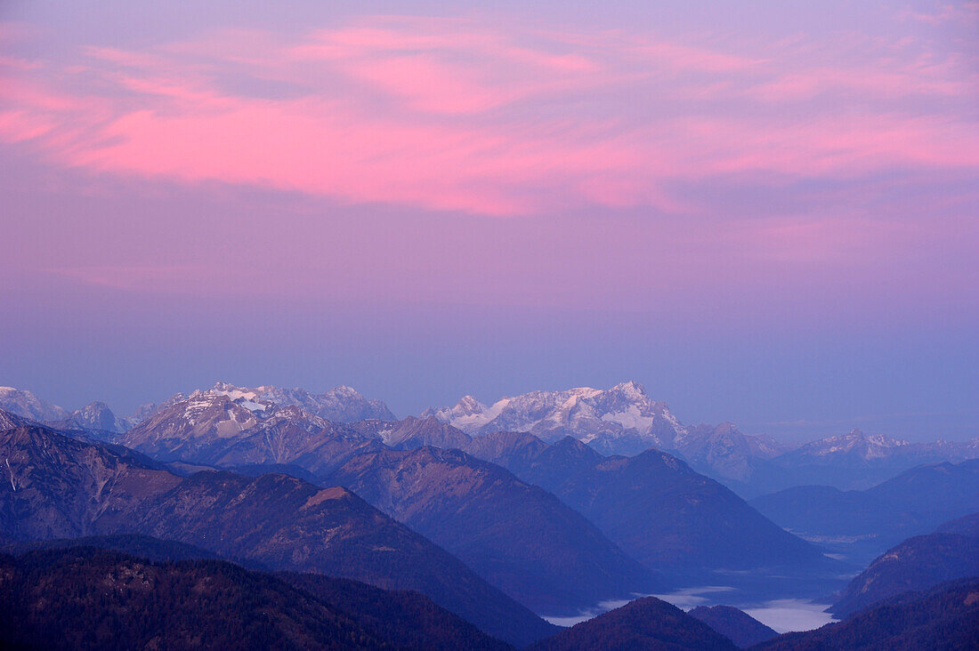 View towards the Zugspitze at dawn, Risserkogel, Bavarian Foothills, Upper Bavaria, Bavaria, Germany