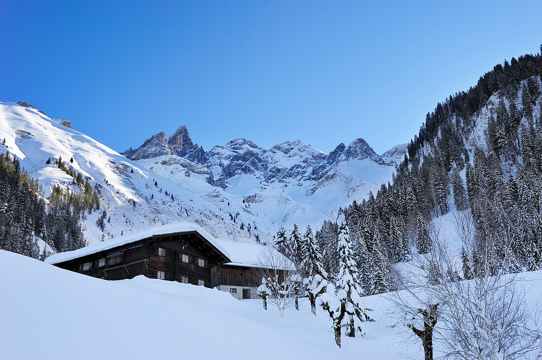 Verschneite Almhütte von Einödsbach mit Trettachspitze und Mädelegabel im Hintergrund, Einödsbach, Oberstdorf, Allgäuer Alpen, Allgaeu, Schwaben, Bayern, Deutschland