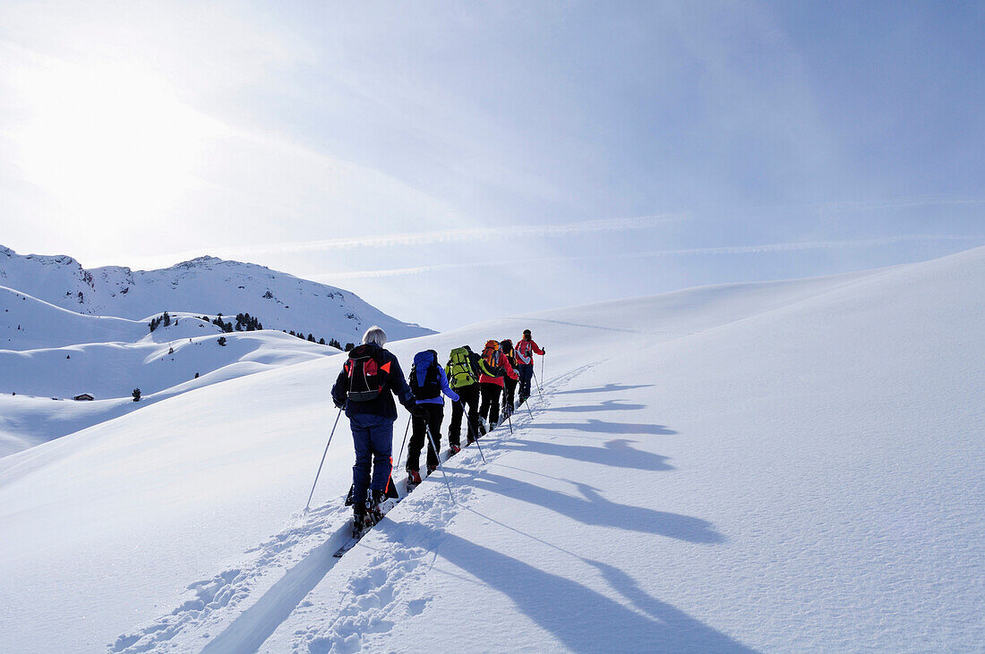 Group of people backcountry skiing, ascending to Pallspitze, Pallspitze, Langer Grund, Kitzbuehel alps, Tyrol, Austria