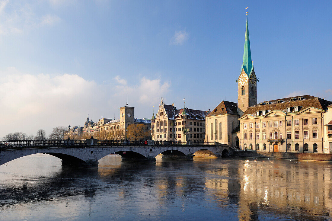 Church Frauenmuenster with river Limmat in foreground, Zurich, Switzerland