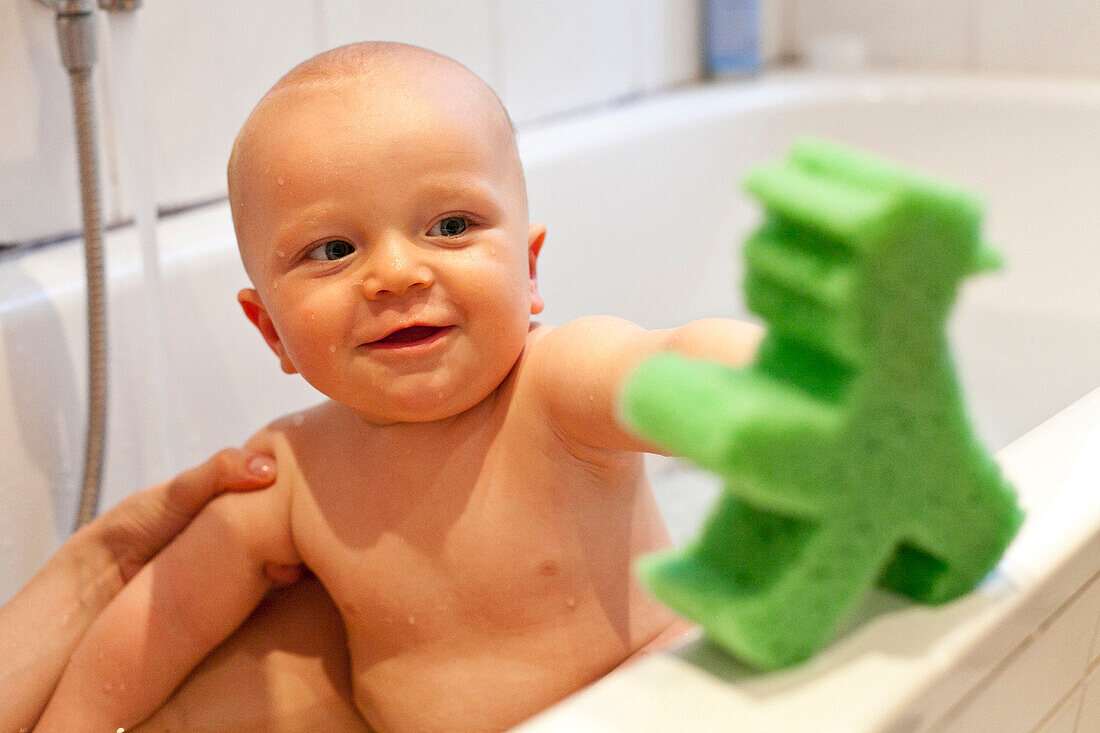 Kleiner Junge in der Badewanne, greift nach grünes Ampelmännchen, Baby, 10 Monate alt, MR, Leipzig, Sachsen, Deutschland
