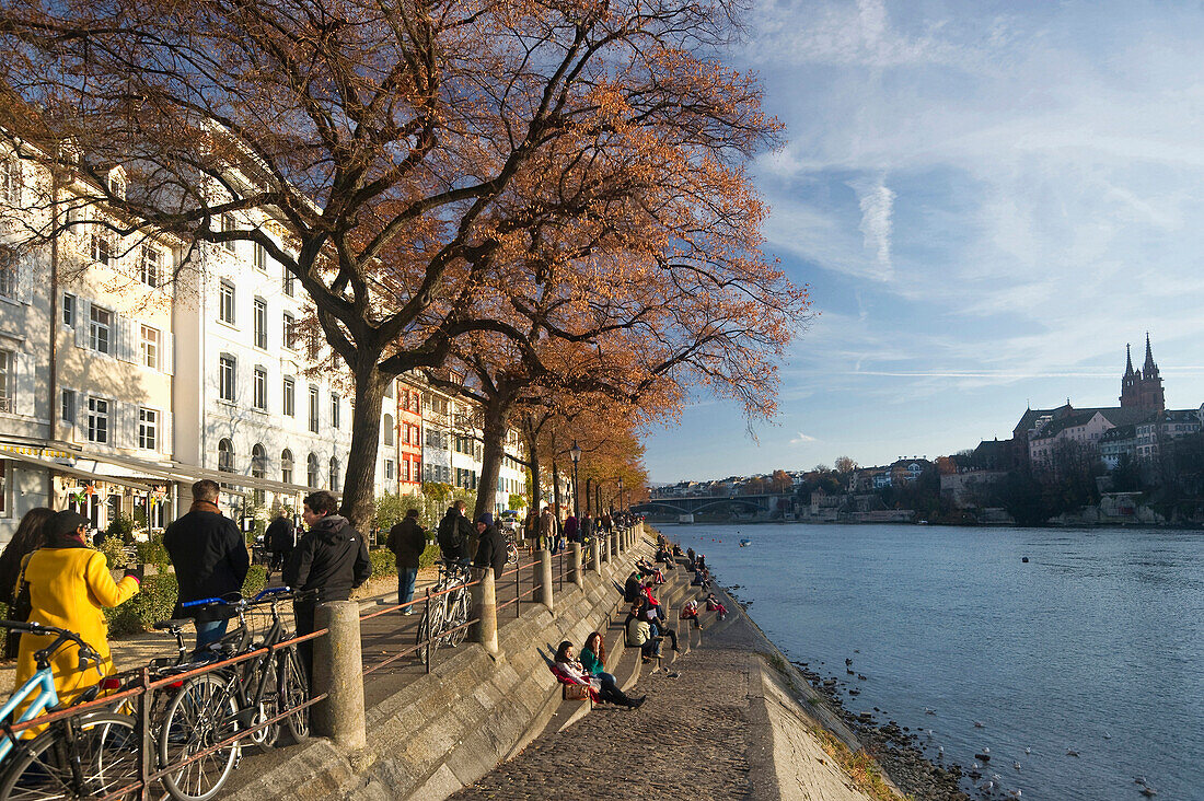 Banks of the river Rhine and the old town, Basel Munster in the background, Basel, Switzerland