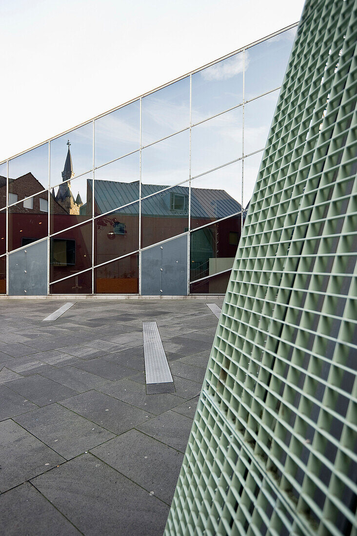 Modern architecture with reflection of the Aachen Cathedral, UNESCO World Heritage Site, Aachen, North Rhine Westphalia, Germany