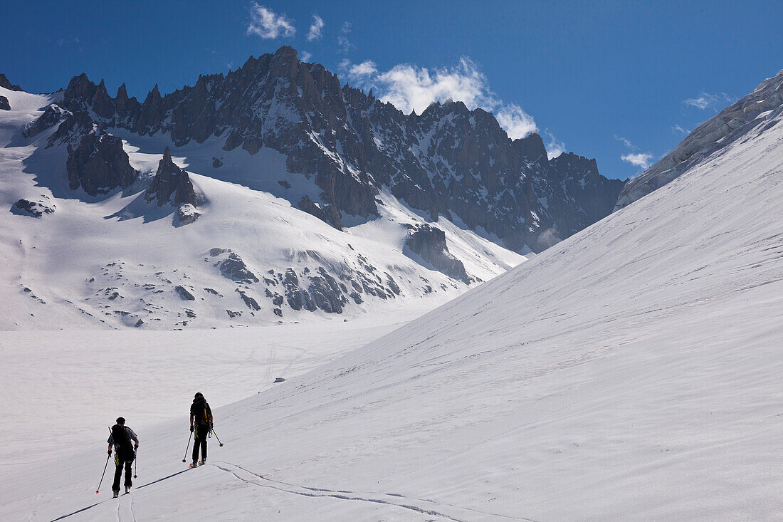 Backcountry skiers on glacier, Chamonix Mont Blanc, France, Europe