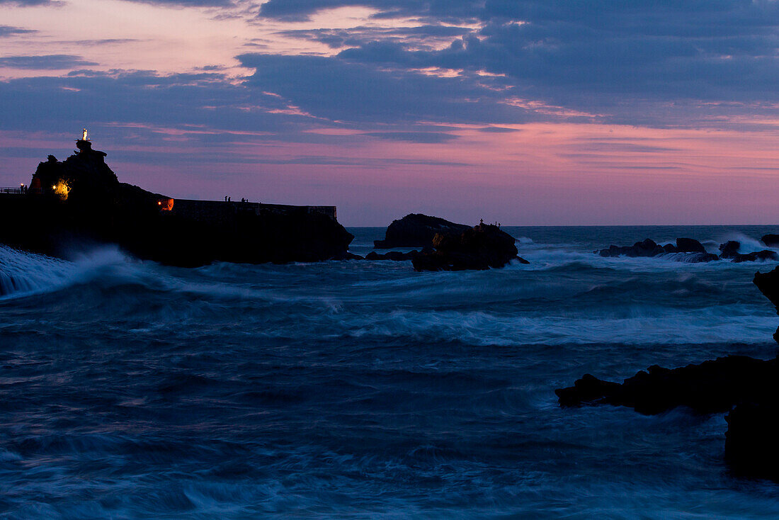 Coastal rocks in the evening, Biarritz, Cote Basque, France, Europe